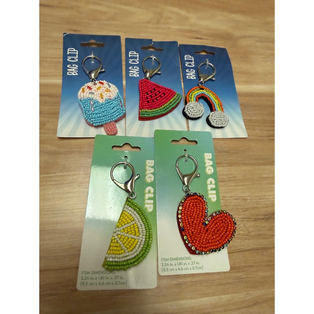 Kalan Beaded Bag Clip Set 5pc Popsicle Watermelon Rainbow Lime Heart Charms NEW
